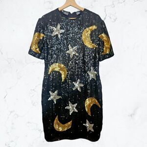 Vintage 80s Modi Celestial Black, Gold & Silver Sequin Star Moon Party Dress